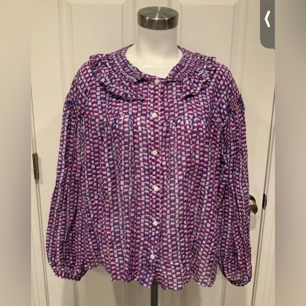 See By Chloé Sheer Ruffle Collar Button Blouse Sz 46 (US 10 Pink Blue Geometric